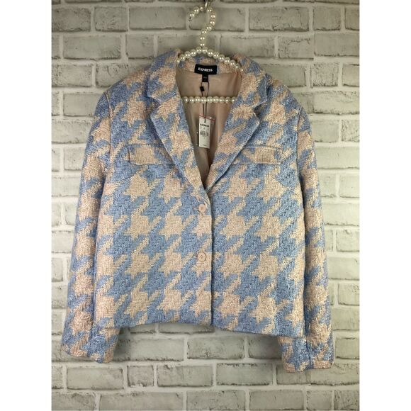 New with Tags Express Jacket Blue Houndstooth Size Large - Picture 1 of 9